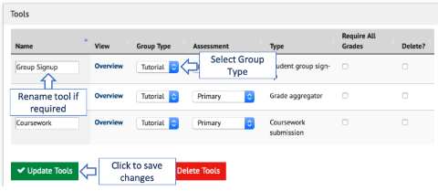 A screenshot of the Tools table on the module overview with tags indicating the group type selection options
